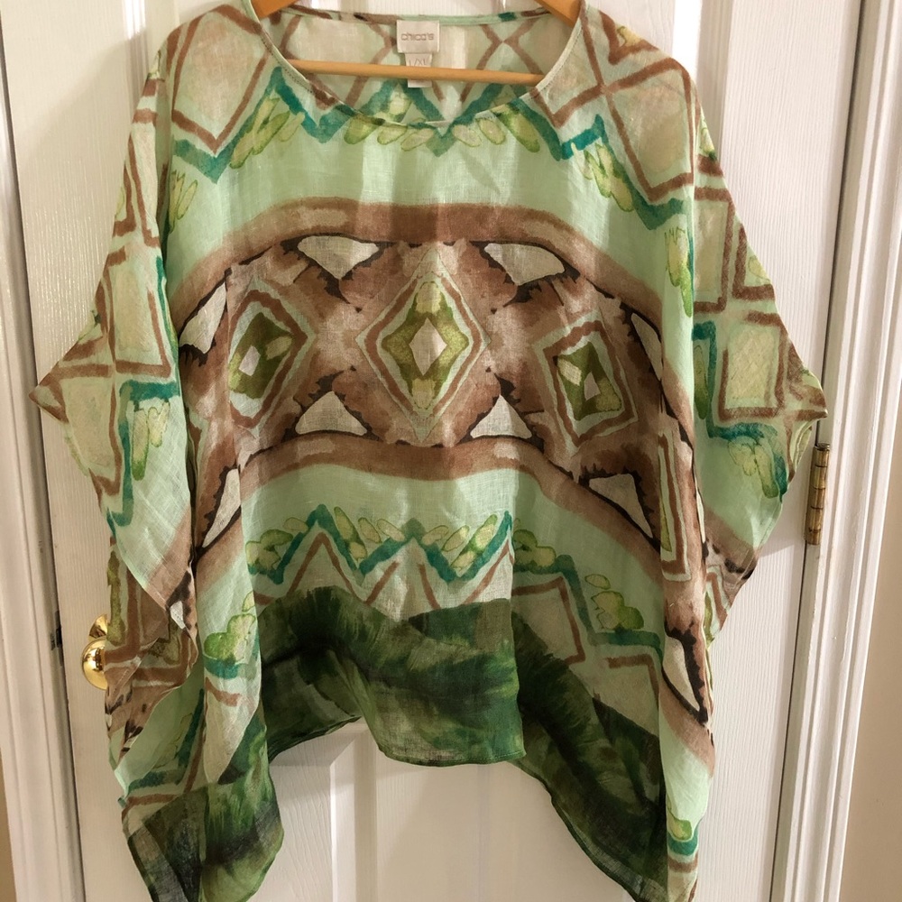 Chico’s Women’s Green & Brown Aztec Linen Poncho